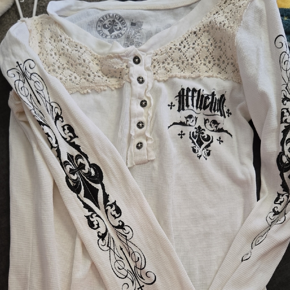 Affliction Cream Long Sleeve with Black Embroidery